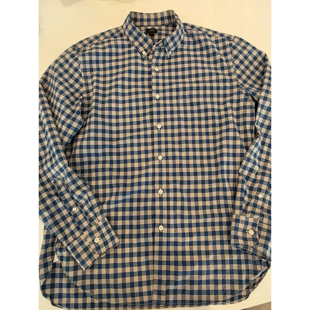 J Crew Shirt Mens Medium Navy Blue And Tan Plaid Flex Washed Casual Button Up